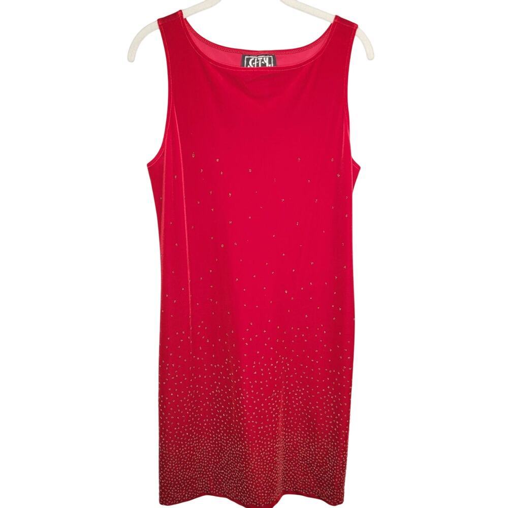 VTG City Triangles 90s y2k Dress Women's‎ L Red Sleeveless Sparkle Slinky Velvet